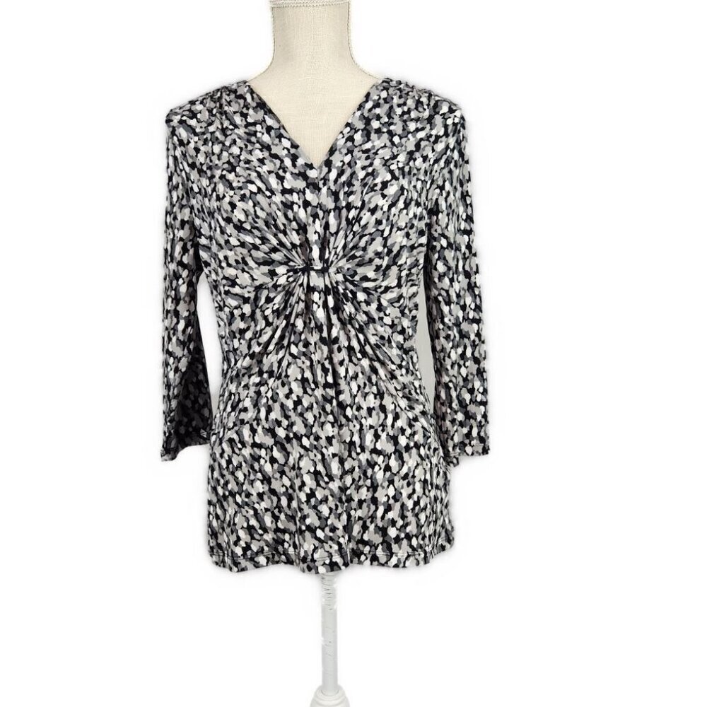 Yvos Rouched Blouse Women's M Black White Long Sleeve Business Casual Monochrome